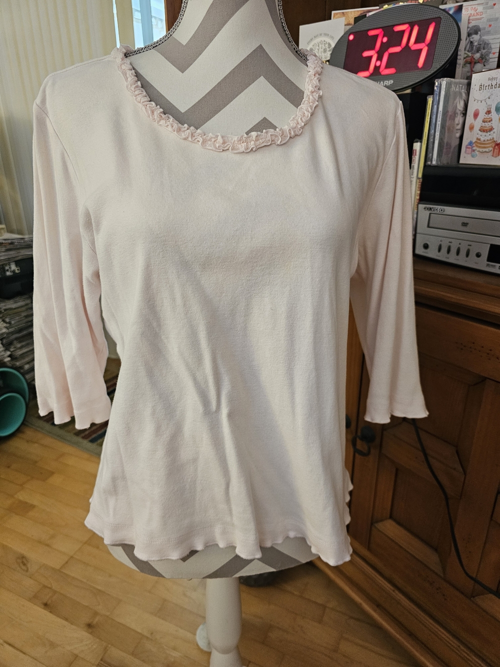 Women's Light Pink Ruffle-Trim Long Sleeve Top